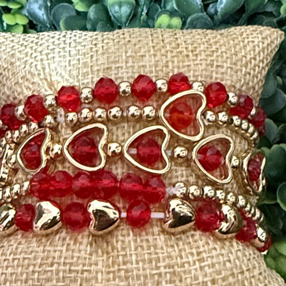 Red and Gold Beaded Charm Bracelet Set Stack - Picture 2 of 5